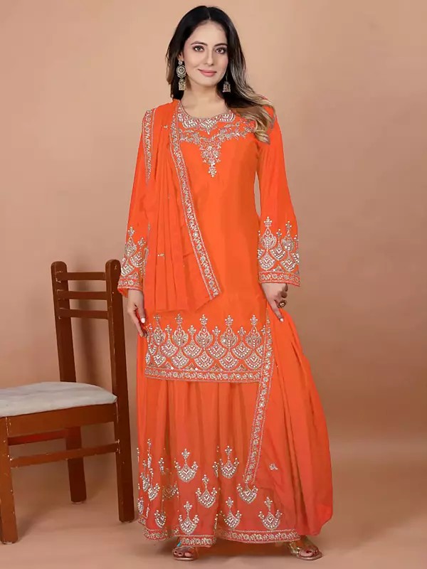 Sharara Set With Dupatta In Chinon Fabric Featuring Coding Sequence Embroidery And Rivet Moti Work For Women