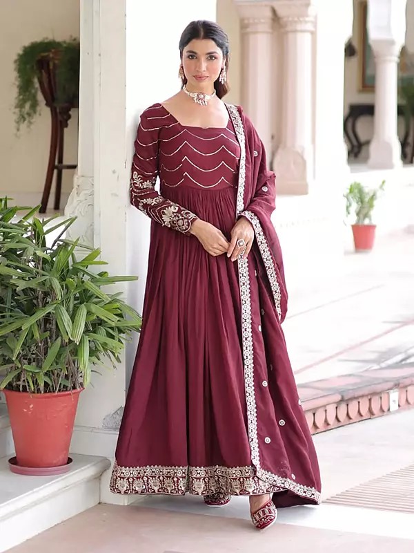 Gown With Dupatta In Vichitra Silk Fabric Featuring Rich Sequins Embroidery For Party Festive And Wedding Functions