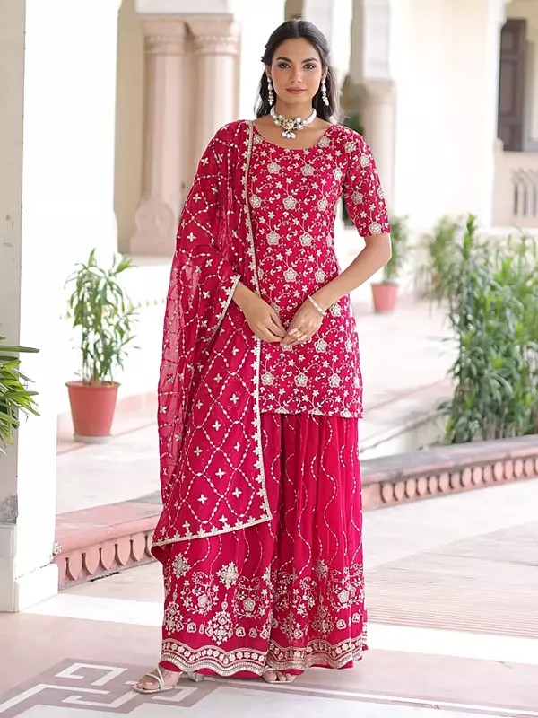 Premium Faux Georgette Kurti Sharara Dupatta Set With Heavy Rich Sequins Embroidered Detailing For Wedding