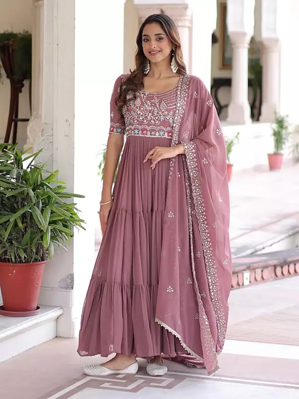 Luxury Faux Blooming Gown With Dupatta Featuring Elegant Sequins Multithread Beads Embroidered Detailing For Women