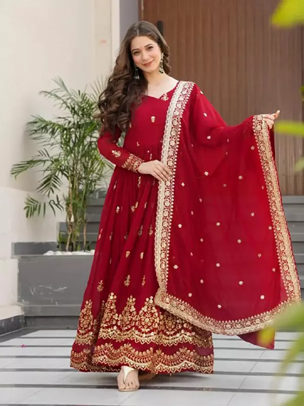 Gown With Dupatta In Faux Blooming Fabric Featuring Rich Zari And Sequins Embroidered Work For Women