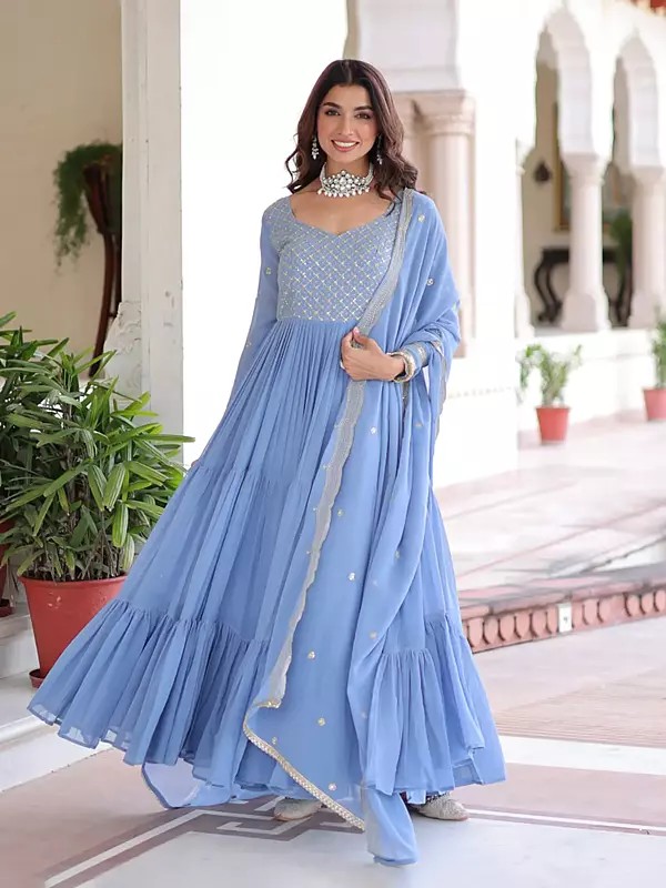 Graceful Faux Georgette Gown With Dupatta Adorned With Delicate Sequins And Zari Embroidery For Women