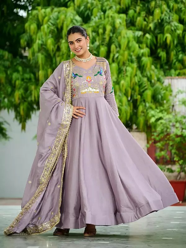 Luxury Vichitra Silk Gown Dupatta Set Adorned With Rich Sequins Multi Thread And Zari Embroidery For Women