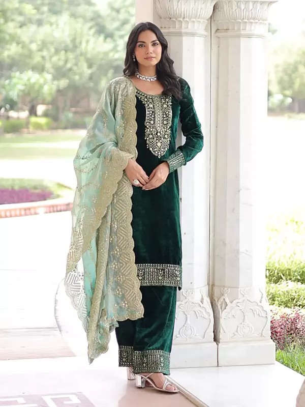 Velvet Kurta Set With Rich Sequins And Zari Embroidered Work For Party Festive And Wedding Functions