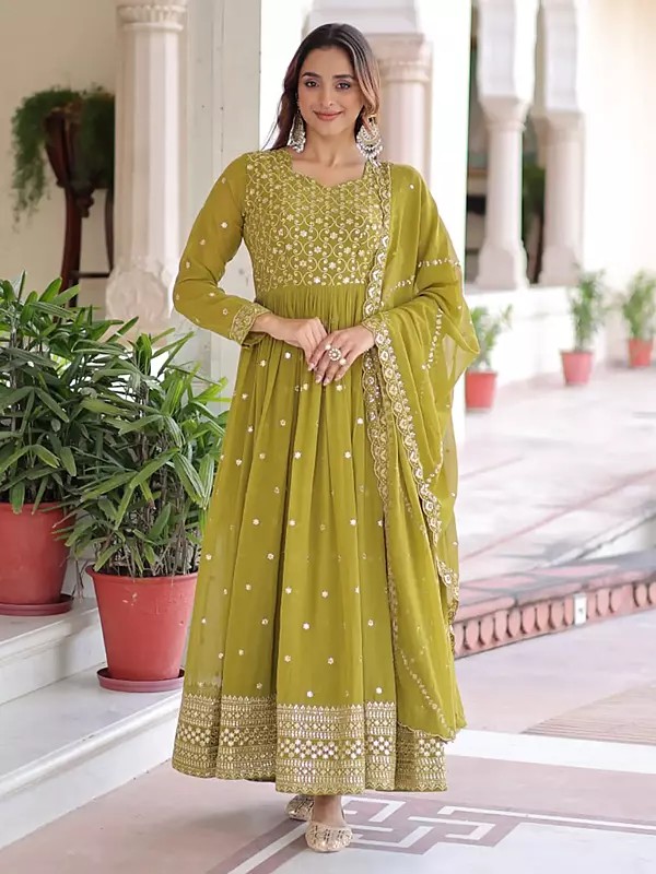 Premium Faux Georgette Gown Dupatta Set Highlighted With Heavy Zari And Sequins Embroidery Perfect For Women