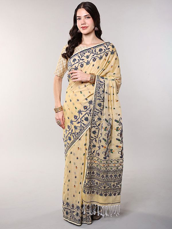 Banana-Crepe Pure Cotton Dhakai Jamdani Saree with Woven Bootis from Bengal