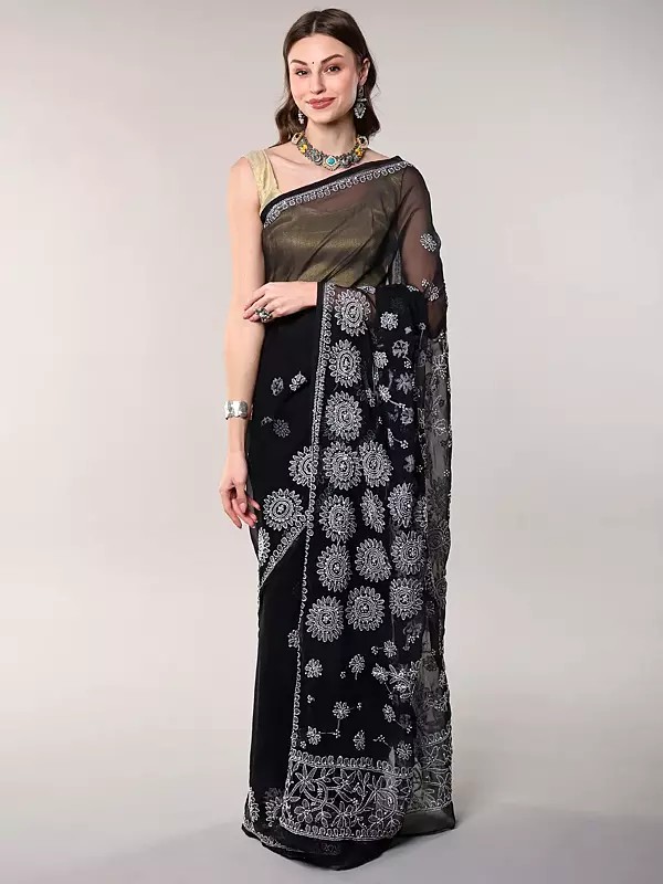 Pink Georgette Saree: Handcrafted Chikan Embroidery with Chakra Design