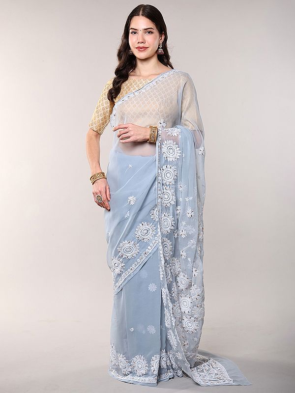Georgette Lukhnavi Chikan Embroidered Saree with Chakra Motifs Border and Anchal