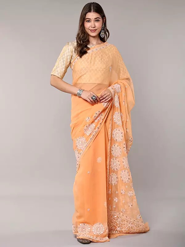 Georgette Saree: Handcrafted Chikan Embroidery with Chakra Design