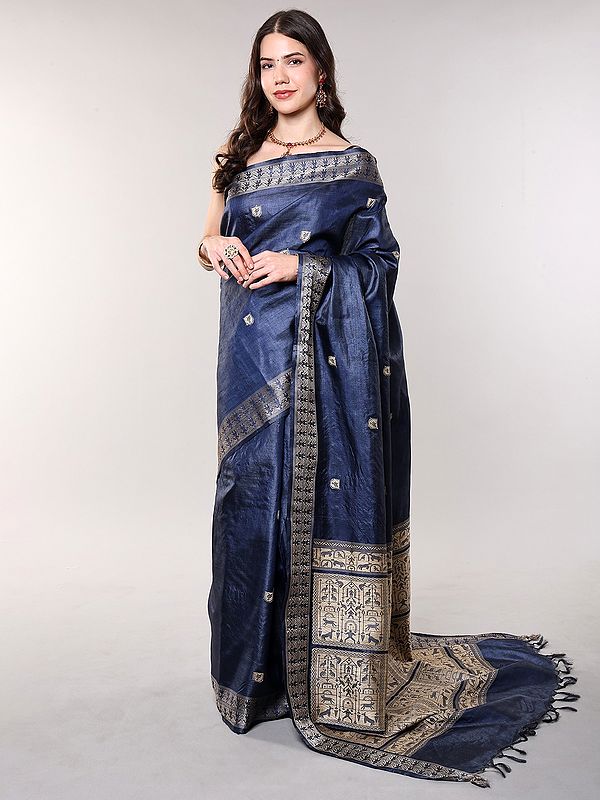 Blue-Indigo Tussar Silk Saree with Woven Tribal Folk Figures from Chhattisgarh
