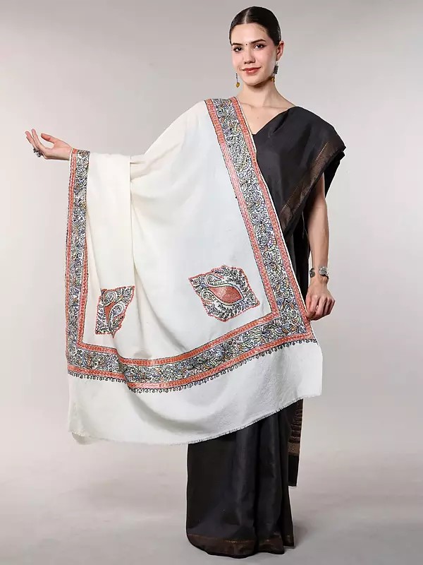 Cannoli-Cream Tosha Shawl from Kashmir with Sozni Embroidered Floral Border and Paisley on Corners