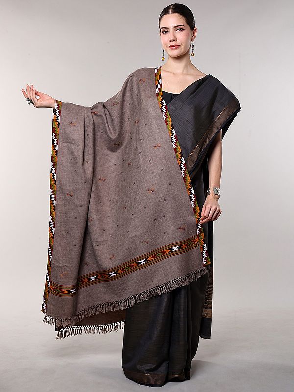 Brown-Lentil Wool Shawl from Kullu with Woven Bootis and Kinnauri Border (Unisex)