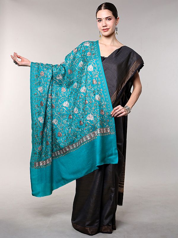 Wool Shawl with Chain Stitch Thread Embroidered Maple Leaf Vines from Amritsar