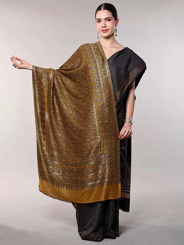 Spruce-Yellow Wool Stole with Woven Floral Leaf Vine from Amritsar