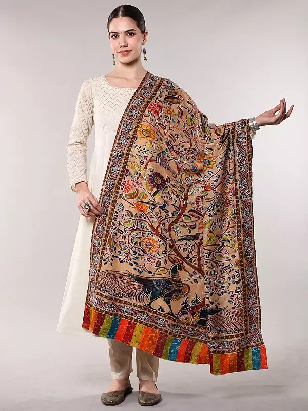 Apricot-Illusion Kalamkari Shawl from Amritsar with Peacocks and Tree Branchs