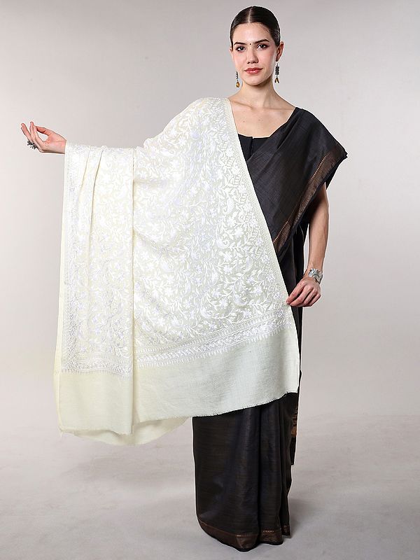 Wool Shawl with Chain Stitch Thread Embroidered Paisley-Floral Vine from Amritsar