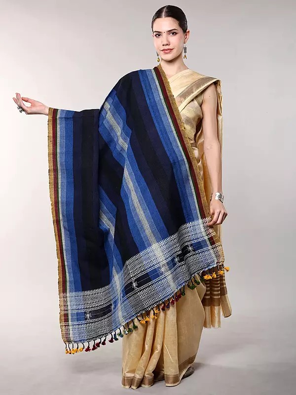 Multi Stripes Dhabla Wool Shawl from Kutch with Woven Border and Tassels