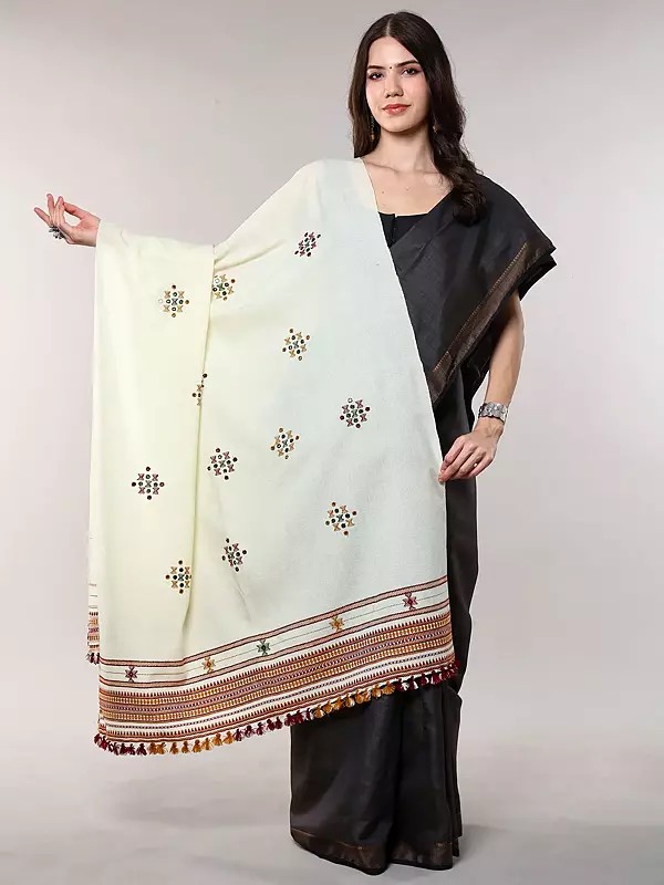 Pear-Sorbet Wool Shawl from Kutch with Embroidered Bootis and Mirrors