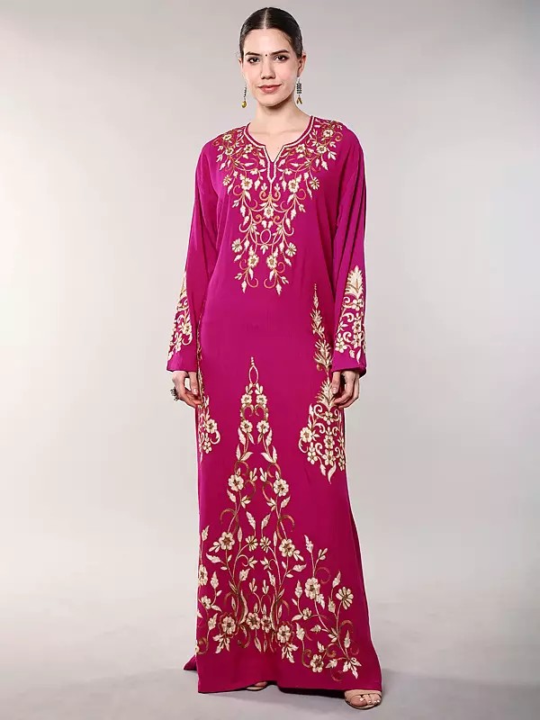 Very-Berry Pure Cotton Abaya with Aari Embroidered Flowers