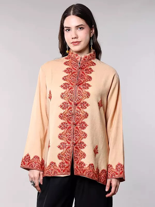 Autumn-Blonde Pure Wool Short Jacket from Kashmir with Aari Embroidered Paisleys