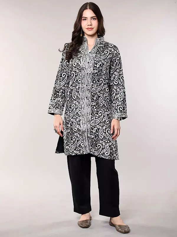 Jet-Black Pure Wool Long Jakcet with All-Over Aari Embroidered Paisleys from Kashmir