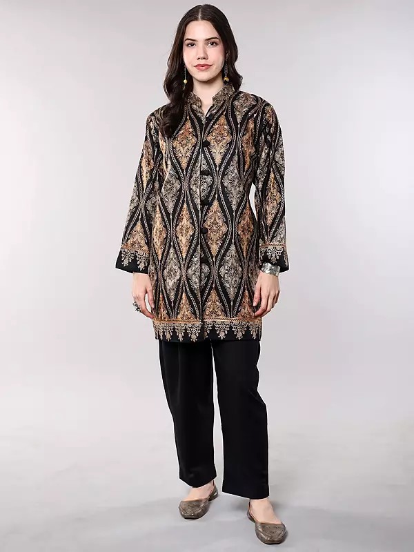 Black-Sand Wool Long Jacket from Kashmir with Chain Stitch Aari Embroidered Patterns