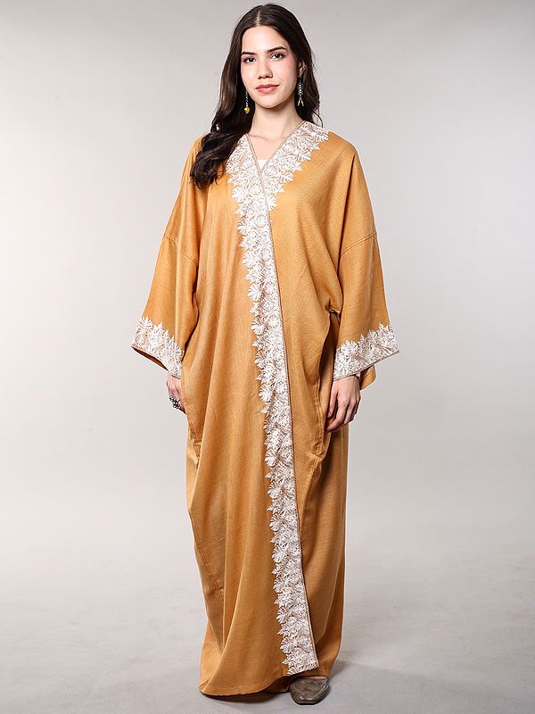 Apricot-Tan Wool Shrug with Aari Embroidered Floral Border