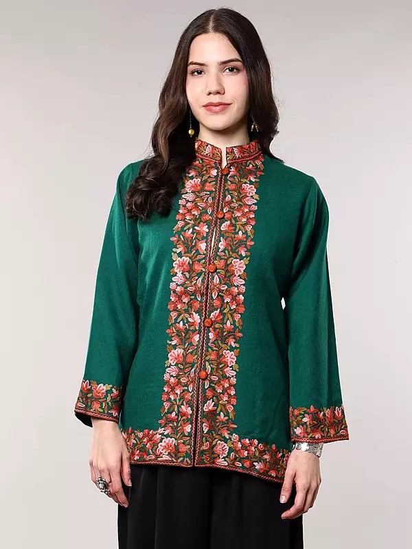 Alpine-Green Pure Wool Short Jacket with Aari Embroidered Flowers Border from Kashmir