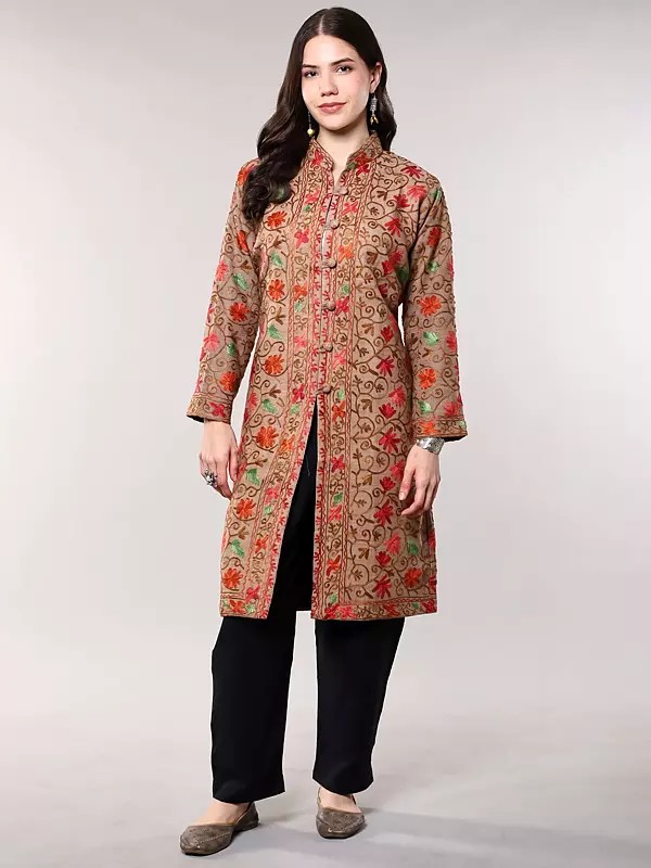 Irish-Cream Wool Long Jacket with All-Over Aari Embroidered Floral Vines and and Side Pockets