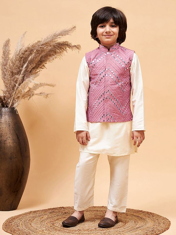 Cream Viscose Kurta Pajama With Mirror Embroidered Jacket