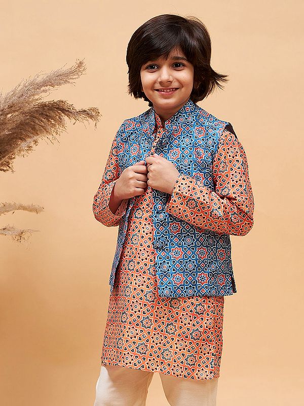 Blue Silk Blend Elegant Sleeveless Moroccan Pattern Print Modi Jacket