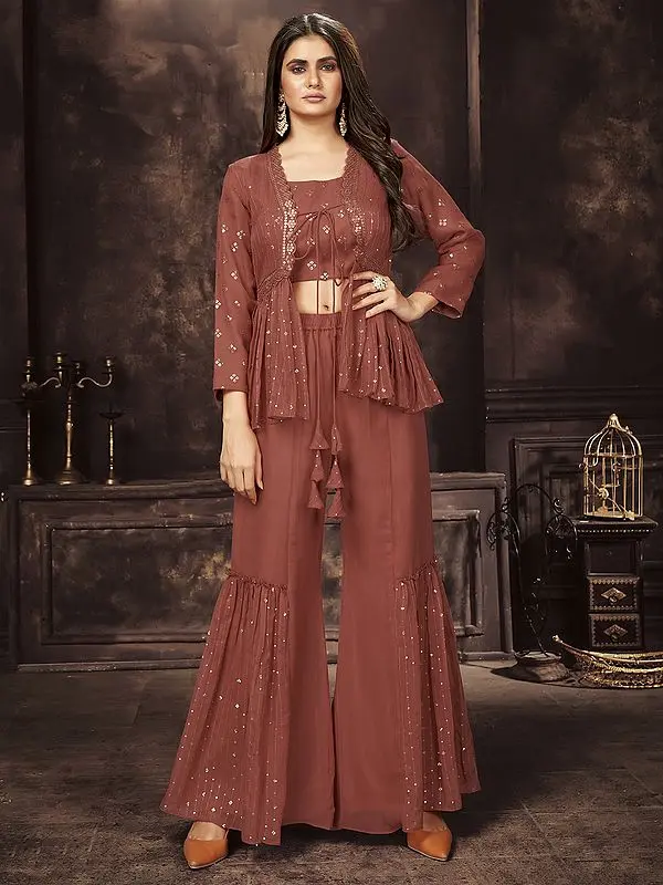 Rust Georgette Pencil Stripes Pattern Crop-Top Palazzo Suit with Jacket and Sequins, Thread Embroidery