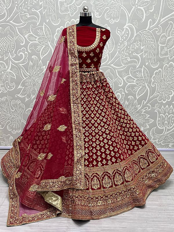 Pink-Rani Velvet All-Over Butti Pattern Bridal Lehenga Choli With Dori, Zari, Diamond Work And Soft Net Matching Dupatta