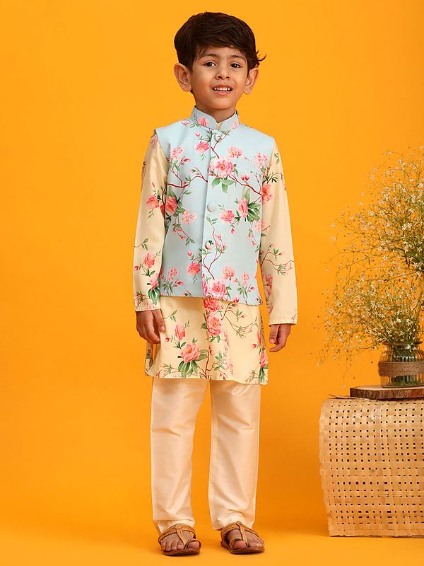 Cream Muslin Cotton Digital Floral Print Kurta With Aqua Modi Jacket And Viscose Blend Pajama
