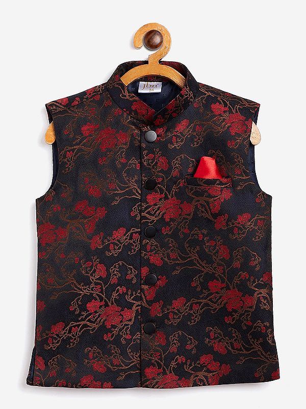 Black Silk Blend Jacquard Floral Vine Pattern Modi Jacket