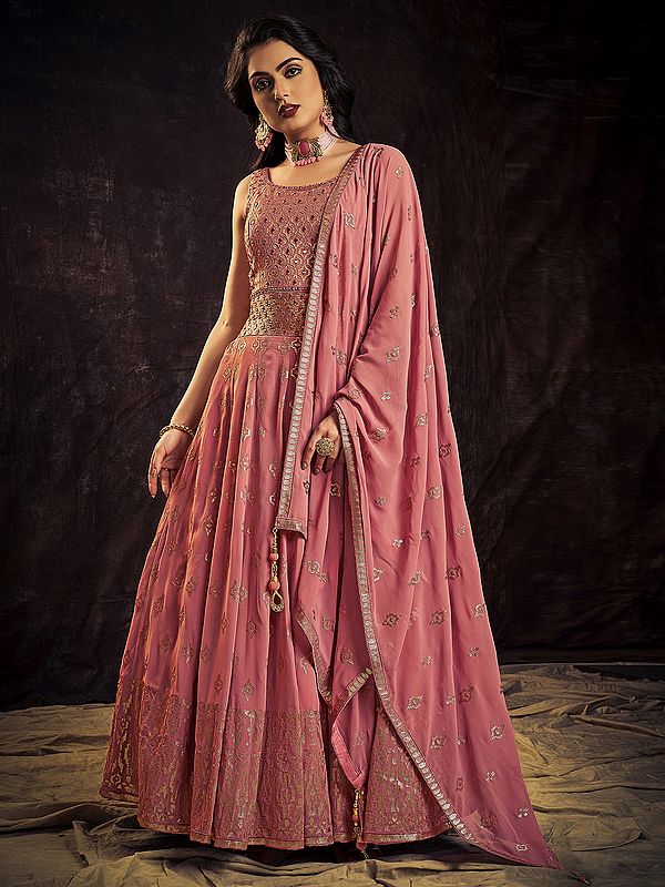 Pink Georgette Sequins Embroidered Butti Pattern Anarkali Style Gown With Matching Tassel Dupatta