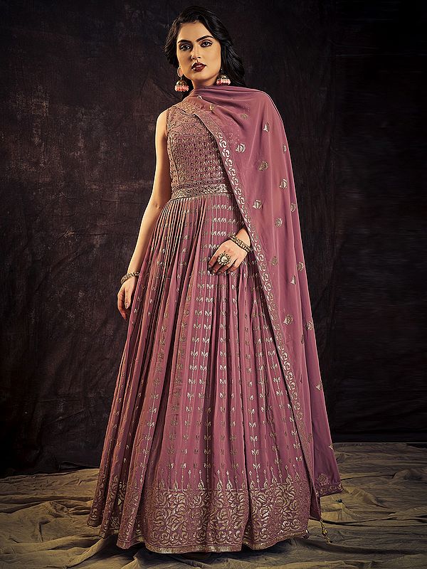 Mauve Georgette Bail Pattern All-Over Sequins Embroidered Anarkali Style Gown With Tassel Dupatta