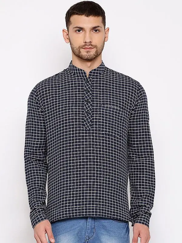 Blue Cotton Blend Graph Check Pattern Short Kurta