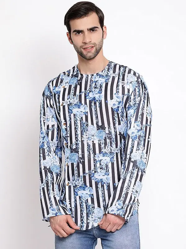 Blue Silk Blend Stripe-Floral Digital Print Short Kurta