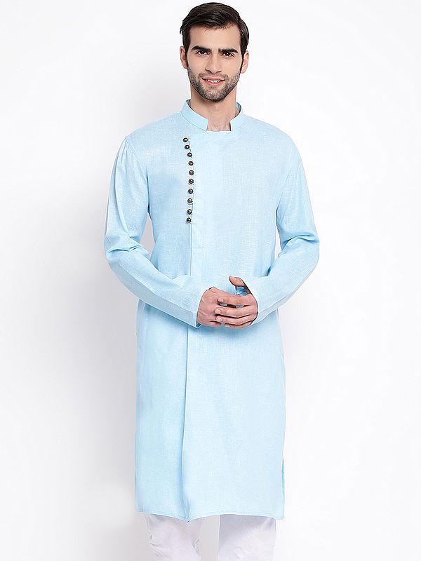Cotton Blend Angrakha Style Men's Kurta with Metal Buttons