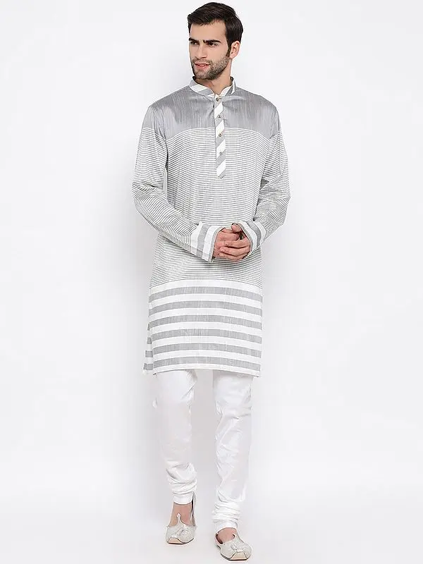 Grey Cotton Blend Horizontal Stripes Pattern Kurta and Silk Blend White Pajama