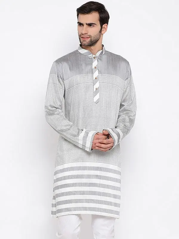 Cotton Blend Horizontal Stripes Pattern Grey Kurta