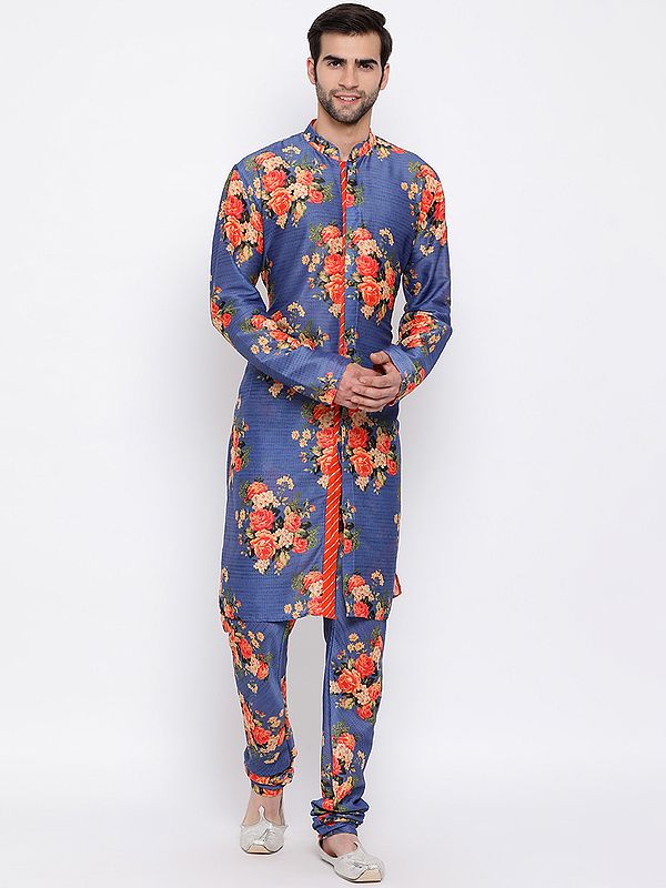 Cotton Blend Front Open Kurta with Churidar Pajama And All-Over Floral Digital Print