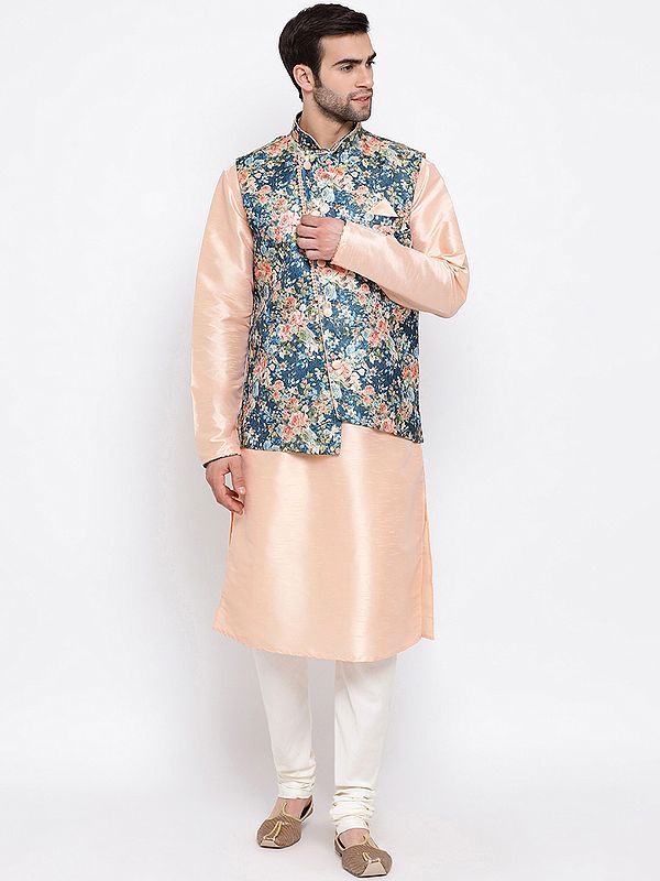 Cotton Silk Peack Kurta with Floral Digital Printed Blue Modi Jacket and Cotton Silk Blend Cream Pajama