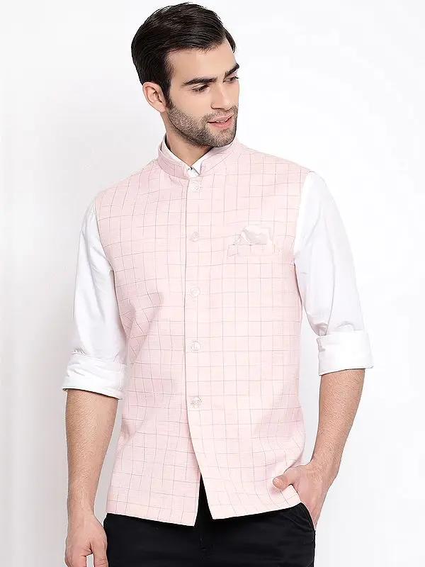 Pink Cotton Blend Graph Check Pattern Modi Jacket