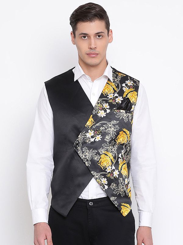 Black Silk Blend V-Neck Half and Half Floral Print Waistcoat