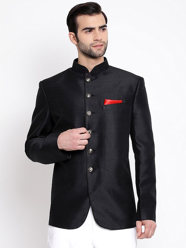 Silk Blend Jodhpuri Coat with Designer Button | Exotic India Art