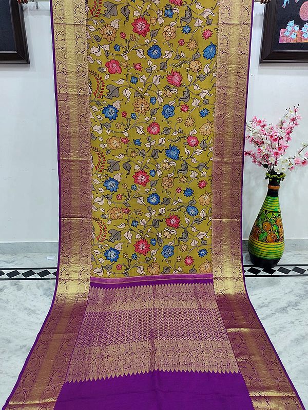 Golden-Green Kalmakari Kanjivaram Silk Saree with All-Over Painted Floral Motif and Bail Pattern on Zari Border