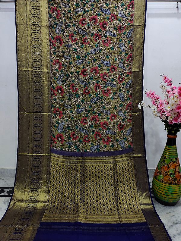 Green-Olive Phool Pattern Kalmakari Kanjivaram Silk Saree with Zari Work Chowkadi Paisley Floral Motif on Aanchal