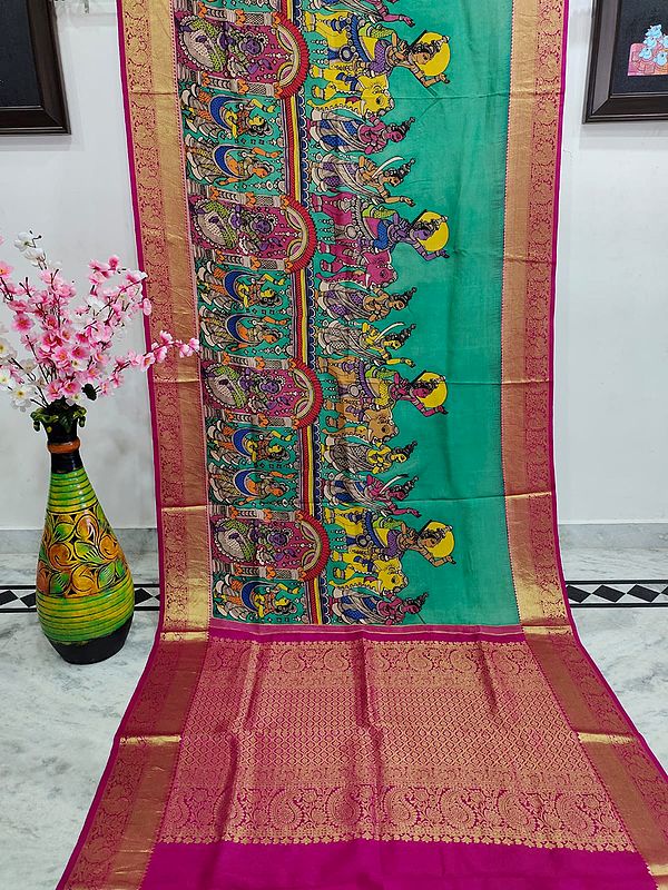 Peacock-Green Depiction Of Victory In War And Celebration Kalmakari Painted Kanjivaram Silk Saree With Golden Zari Work Kalka Motif Pallu